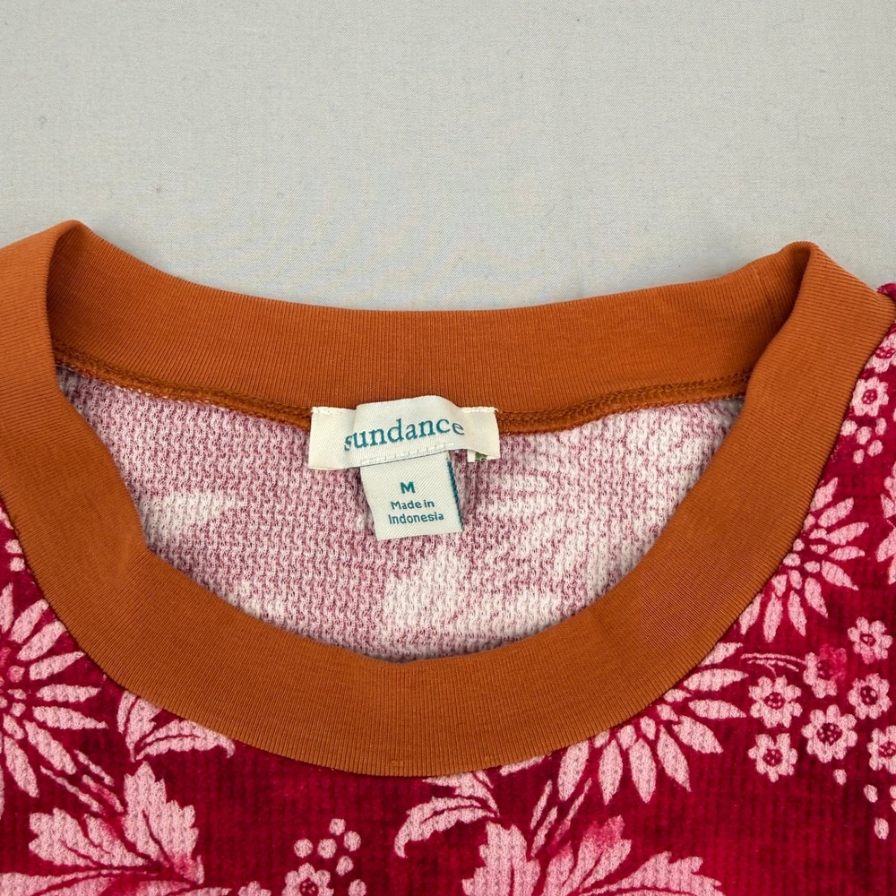 Sundance Floral Waffle Knit Thermal Top Burgundy Orange Long Sleeve Button Cuff - Picture 3 of 5